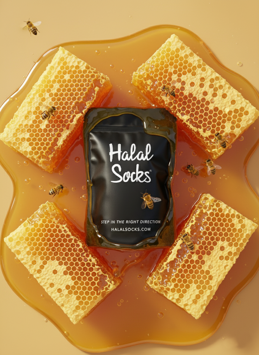 Halal Socks packaging surrounded by honeycomb and honey on a beige background
