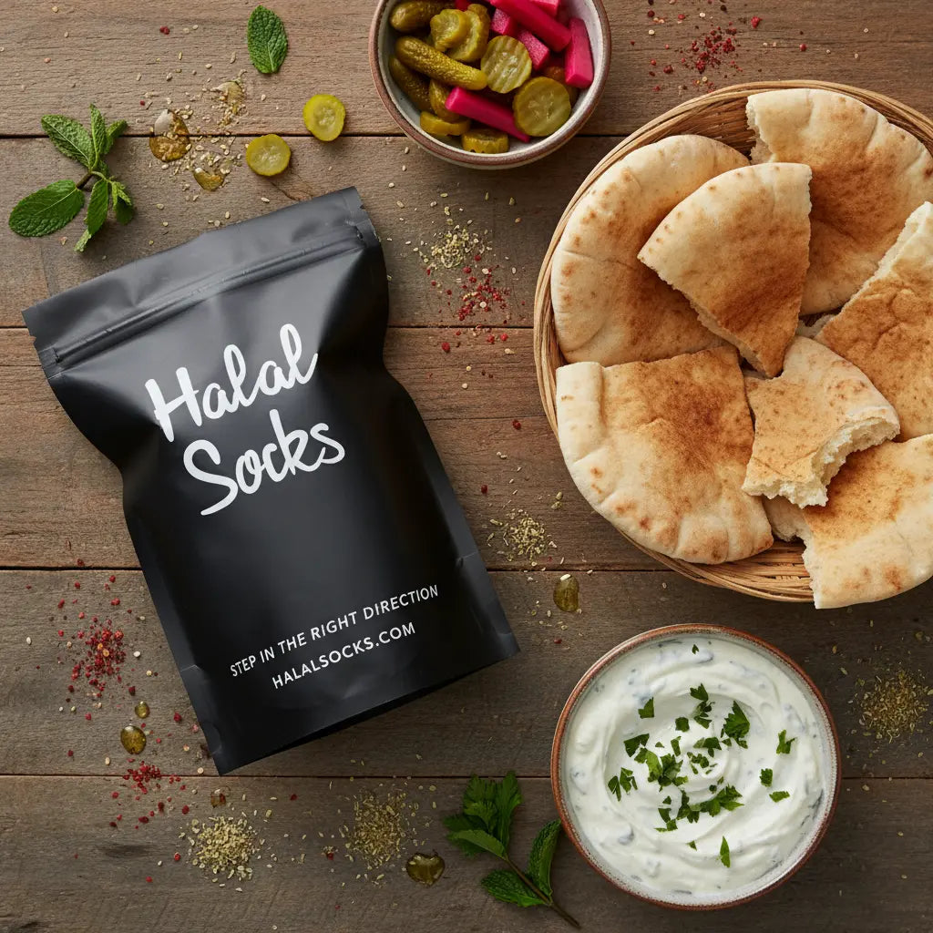 Black 'Halal Socks' package on a wooden table with pita bread, pickles, and dip.