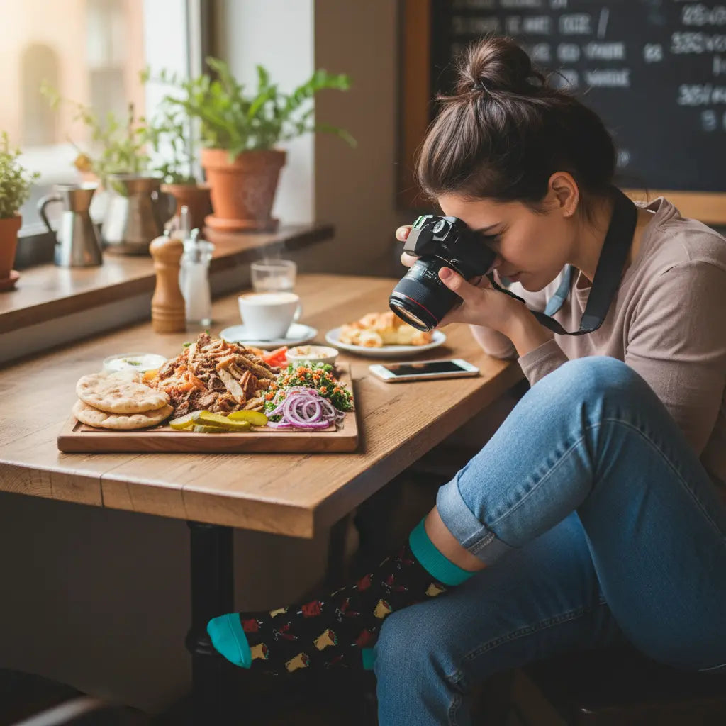 Person taking a photo of food at a restaurant table