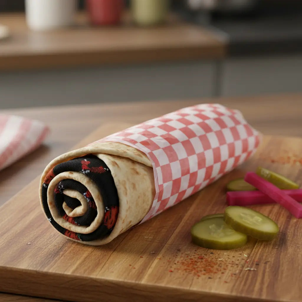 Rolled wrap on a wooden cutting board with checkered paper, pickles, and Shawarma Halal Socks.