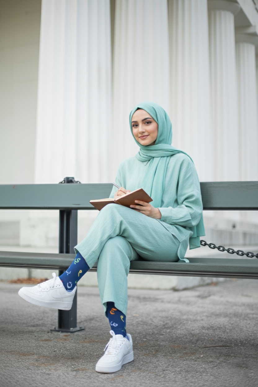 Woman in a light green outfit sitting on a bench outdoors wearing arabic alphabet socks